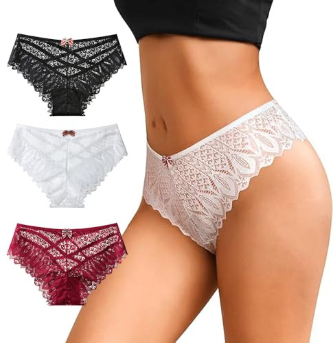 KOEMCY 3 Stück Unterhosen Damen Sexy Unterwäsche Spitze Erotische Verführerisches String Tanga Atmungsaktiv Panty Set