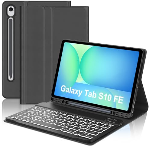 Occtingkind Hülle mit Tastatur für Samsung Galaxy Tab S10 FE 10,9 (2025), Galaxy Tab S9 FE 10,9 (2023) & S9 11 (2023) | Deutsch QWERTZ-Tastatur mit 7-Farben-Beleuchtung, kein Touchpad | Schwarz