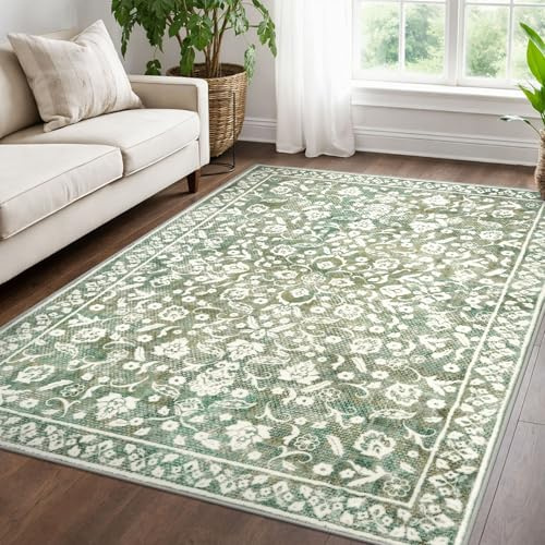 SILOLOOM Vintage-Teppich, 12,7 x 17,8 cm, Salbeigrün, Beige, Weiß, waschbar, Wohnzimmerteppich, rutschfest, dünn Bedruckt, Kunstwolle, Boden, superweich, Teppich, für Schlafzimmer, Esszimmer