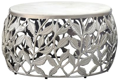 FineBuy Couchtisch 60cm Silber mit weißer Marmor Tischplatte - Wohnzimmertisch rund - Sofatisch modern - Beistelltisch Aluminium - Design Beistelltisch Wohnzimmer Metallgestell Handmade
