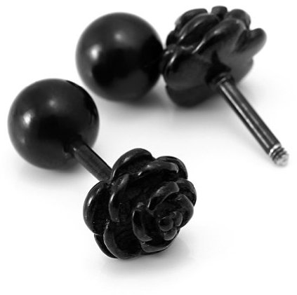 JewelryWe Rose Ohrstecker Ohrringe Damen: Schwarz Edelstahl Kleine Rose Blumen Charm Gestüt Ohrringe Unisex Mini Rosenblüte Ohrschmuck Schraube Ohr Piercing Schmuck für Frau Männer
