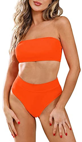 Viottiset Strandkleidung Damen Sommer High Waist Badeanzug mit Abnehmbare Träger S Orange