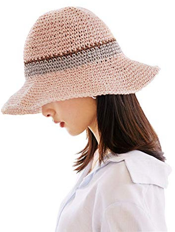 WITERY Trendy Women's Sun Hat Summer Straw Cap for Women Adjustable Summer Panama Fedora Wide Brim UPF 50+ Foldable Straw Beach Hat for Walking Fishing Travelling Pink