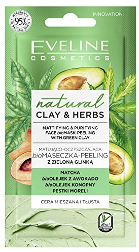 Eveline Cosmetics Natural Clay&Herbs Mattierende und reinigende Peelingmaske mit grüner Tonerde, 8 ml