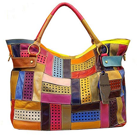 Segater® Mehrfarbig Floral Rind Leder-Umhängetasche für Damen, Vintage Rindsleder Handtasche Blumenmuster 3D Schultertaschen Damen Reisetasche mit Henkeltasche Patchwork bunte Geldbörsen Henkeltaschen