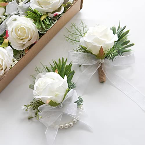 Floroom 3 Paar Rose Handgelenk Corsage Armband und Herren Boutonniere Set für Hochzeit Abschlussball Weiß