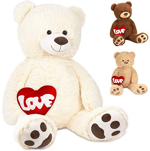BRUBAKER XXL Teddybär 100 cm Weiß mit einem Love Herz Stofftier Plüschtier Kuscheltier