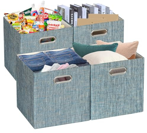Posprica Storage Boxes, Foldable Organiser Cube Basket Bin, Thick and Heavy Duty (28×28×28cm/4pcs, Teal)