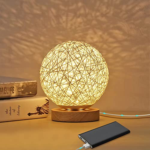 DEECOZY Rotin Lumière de Nuit, Lampe de table en bois avec abat-jour tissé à la main, USB rechargeable, Lampe d'Ambiance de Chambre en Rotin et Bois pour chambre à coucher, salon, Blanc