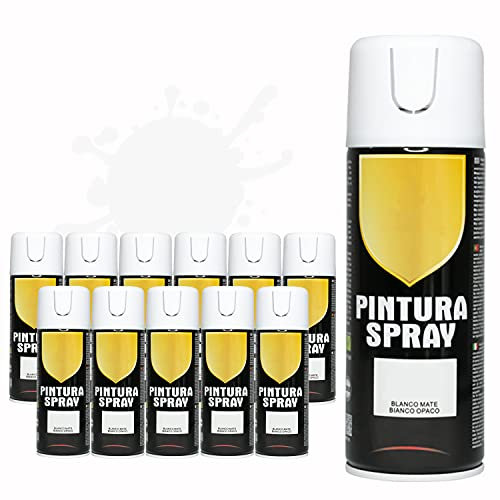 Pintura Spray 400ml para Metal/Madera/Plástico (Blanco Mate, 400 ml (Paquete de 12)