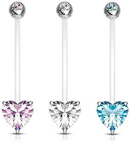 Paula & Fritz® Bauch-nabelpiercing Schwangerschafts-Piercing Zirkonia Bio-Flexibler Stab 316L Chirurgenstahlkugel Stein Bauch-Piercing Nabel Herz Set