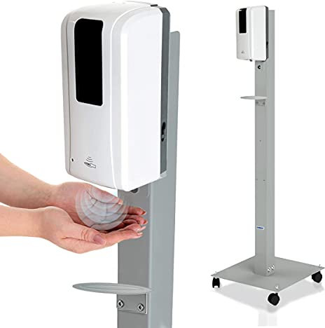 KRIEG Desinfektionsmittelständer mit Sensor + Auffangschale I Silber I Kontaktlos Hygienestation 1000 ml - 333 Sprühstöße I Desinfektionsstation freistehend, höhenverstellbar, touchless I Ready to go