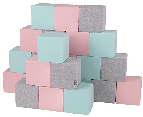 KiddyMoon Schaumstoff Würfel 14 cm Weiche Blöcke 24 Stücke Für Kinder Softbausteine UE, Blöcke: Hellgrau-Pink-Mint