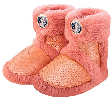 Dream Bridge Mädchen Einhorn Hausschuhe Plüsch Stiefel Flauschig Einhorn Paillette Pantoffeln rutschfeste Gummi Sohle Kindergarten Zuhause Schuhe, Orange, 30 EU