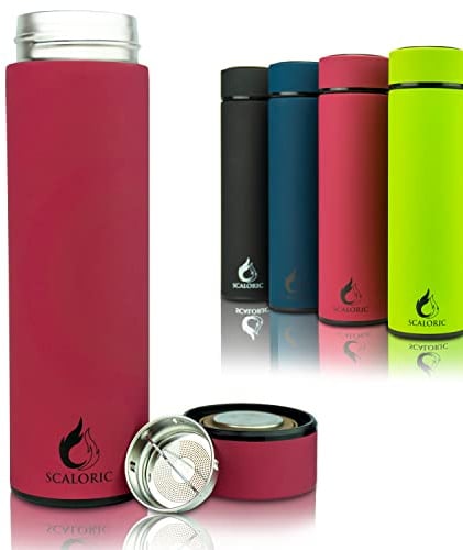 Teeflasche mit Sieb to go - 400ml: Hochwertige Trinkflasche/Teekanne/Teeflasche aus Edelstahl - Inklusiv Sieb für Tee - 100% Auslaufsicher - Tee Flasche to go - 12H warm / 24H kalt (Bordeauxrot)