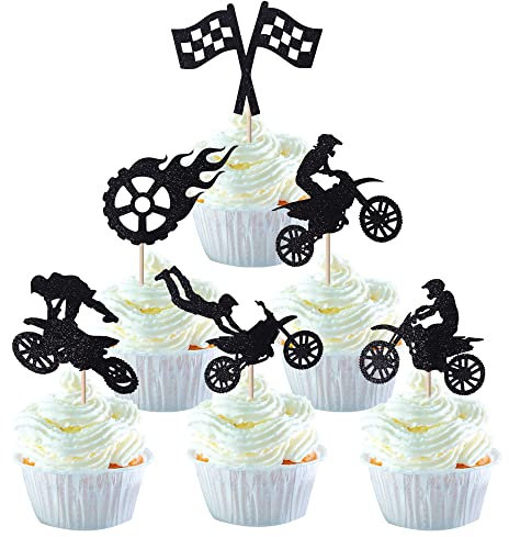 SYKYCTCY 24 Pack Race Car Cupcake Toppers Boy Happy Birthday Cupcake Picks Glitter Trophy Flag Wheel Cupcake Decorations Racing Car Happy Birthday Sports Theme Cake Decorations Party Supplies