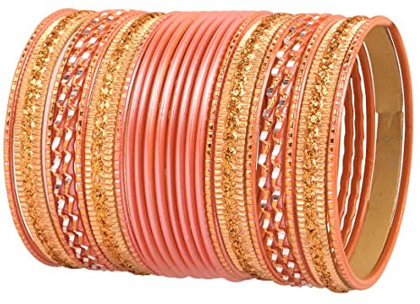 Touchstone „Bunte 2 Dutzend Armreif-Kollektion“ Indischer Bollywood-Designer-Schmuck aus Metalllegierung mit Struktur in Pfirsich-Gold-Farbe, 24er-Set in Antik-Gold-Ton für Damen. 2.8.