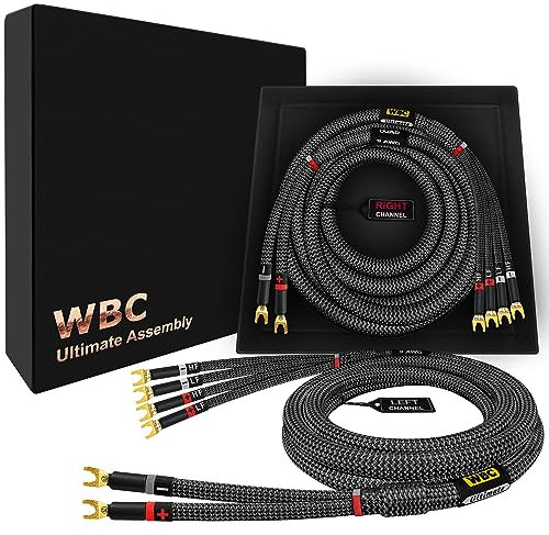 WORLDS BEST CABLES 3 Foot Ultimate - 9 AWG - Ultra-Pure OFC - Premium Audiophile HiFi Bi-Wire Speaker Cable Pair with Eminence Gold Spade Plugs & Carbon Tweed Jacket