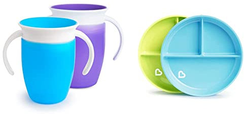 Munchkin Tasse d’Apprentissage Miracle 360, Gobelet Bébé - 207 ml, Lot de 2, Bleu/Violet & Assiettes à Compartiments Stay Put, Assiettes d’Apprentissage Enfant avec Ventouse - Bleu/Vert, Lot de 2