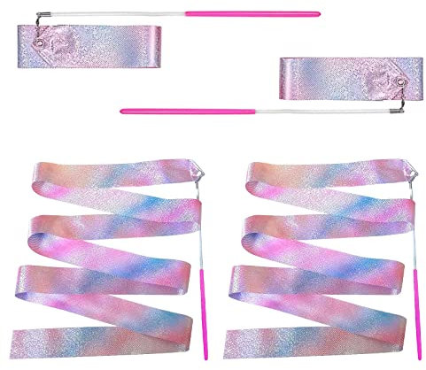 Sparkling Dance Ribbons 2 Pcs 78.7 Inch Rhythmic Gymnastics Ribbon for Kids Streamers Dancing Ribbon Sticks,Dancer Dancing Training Birthday Party Performance