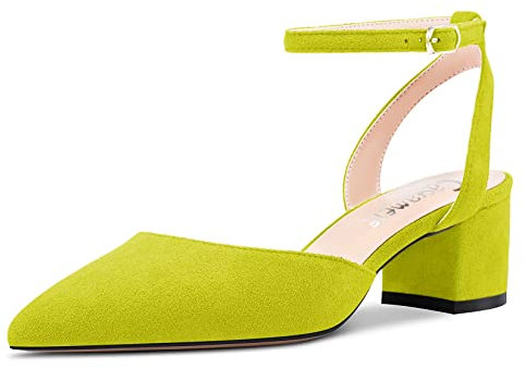 Castamere Mujer Chunky Ancho Medio Heel Cerrado el Dedo del pie Puntiaguada Punta Pumps Correa Tobillo Slingback Cierre con Hebilla Fiesta Dress Zapatos Verde Lima 35 EU