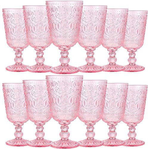 Wine Glasses Set of 12 Dishwasher Safe 9 oz Vintage Colored Glass Goblet Beverage Stemmed Glass Cups Romantic Embossed Glassware for Wedding Party Holidays Anniversary (Pink)