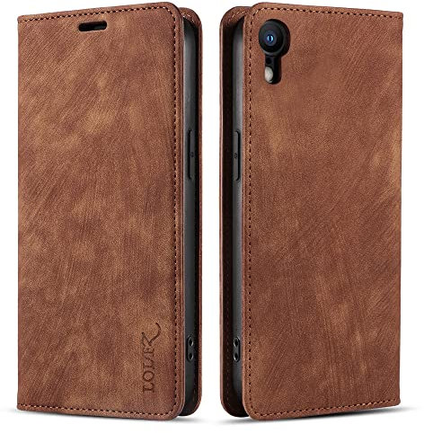 LOLFZ Wallet Case for iPhone XR, Premium Slim PU Leather Case Card Slots Stand Function Magnetic Protective Flip Case Cover Compatible with Apple iPhone XR - Brown