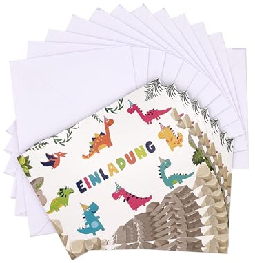 Friendly Fox 12 Dino Einladungskarten mit Umschlag, Steinzeit | 12 Einladungen mit Briefumschlag, Dino Party, DIN A6, mit Lückentext