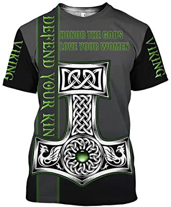 REPUGN Men's 3D Digital Print Odin Thor's Hammer Raven T-Shirt, Viking Summer Casual Half Sleeve,Green,4XL