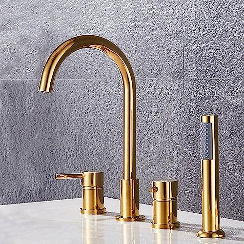 XJTNLB Rubinetto Miscelatore per Vasca da Bagno 4 Fori, Miscelatore Doccia 2 Vie con Doccetta Estraibile Oro