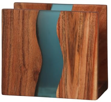LAVAUK Serviettenhalter aus Akazienholz und transparentem Epoxidharz, rustikaler Landhausstil, ideal für Küche, Esszimmer, Theke, Restaurant oder Außenbereich | 15x12,5x6 cm | Türkis