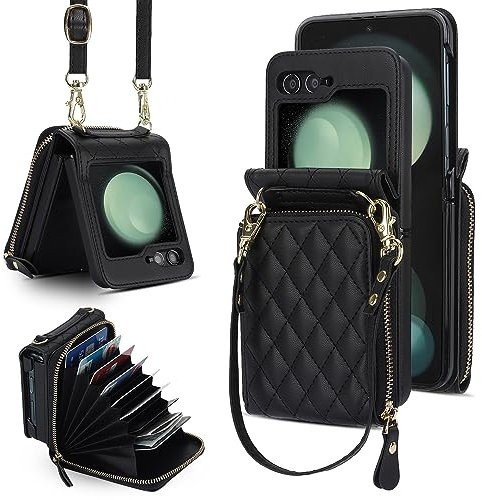 XIZYO Crossbody Reißverschluss Leder Brieftasche Klapphülle für Samsung Galaxy Z Flip 5, mit Verstellbarem Abnehmbarem Kordel, für Frauen Mädchen Niedlich Luxus Handyhülle mit Kartenfach, Schwarz