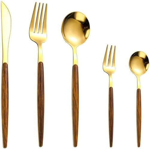 Stoviglie Posate Set di Posate in Acciaio Inossidabile da 30 Pezzi con Manici in Legno Che Servono Posate per 6 Persone, Servizio di Posate per Banchetti per La Casa,30 Pezzi d'oro,Picturesque234
