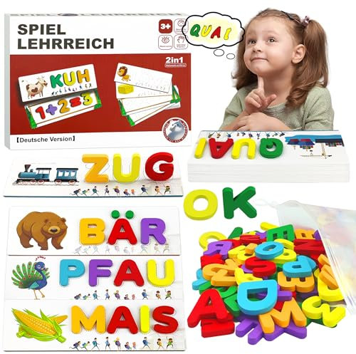 Montessori Spielzeug ab 3 4 5 Jahre, Deutsches Buchstaben Lernen Lernspiele mit 32 Beidseitig Scrabble Alphabet-Flash-Karten Kinderspielzeug Holz Vorschule Einschulung Geschenk für Junge Mädchen