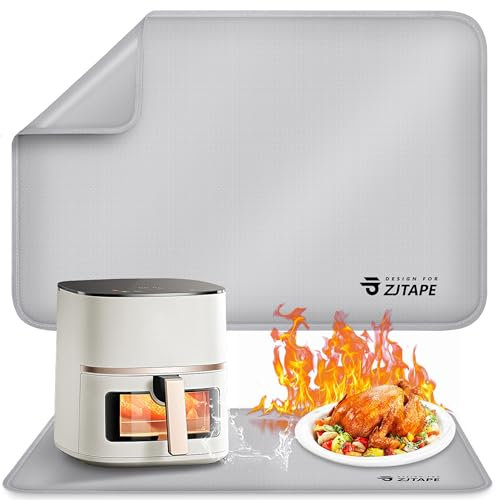 Heat Resistant Mat for Air Fryer Site - 23.6 x 15.7in, Fireproof Silicone Mats for Kitchen Counter, Heat Proof Mat, Non-Slip & Waterproof for Deep Fryer, Oven, Coffee Machine (Silver)