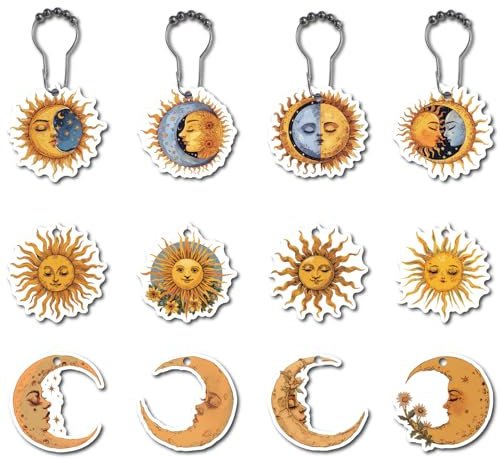 CREATCABIN 12Pcs 12Styles Moon Sun Shower Curtain Hooks Rings Metal Shower Rings Wood Gothic Yellow Curtain Hooks Shower Curtain Hanger with Stainless Steel Chain for Bathroom Decoration