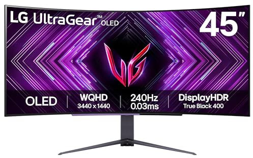 LG Ultragear Curved OLED Gaming Monitor 45GS96QB, 45 Inch, 1440p, 240Hz, 0.03ms, OLED Display, HDR 10, NVIDIA G-Sync Compatible & AMD FreeSync, Built in Speakers, DisplayPort, USB-C, HDMI