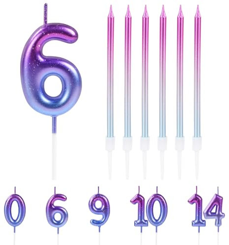 URAQT Geburtstagskerzen Zahlen, Geburtstag Zahl Kerzen, Lange violetter Farbverlauf Geburtstagskerzen, Tortendeko kerze Kuchendeko geburtstagskerze 6