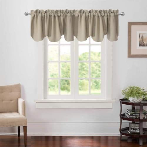 Aquazolax Window Valances for Kitchen Bedroom Set of 2, Rod Pocket Scalloped Window Treatment Decorative Curtains Valences for Living Room 18 L x 52 W, Taupe