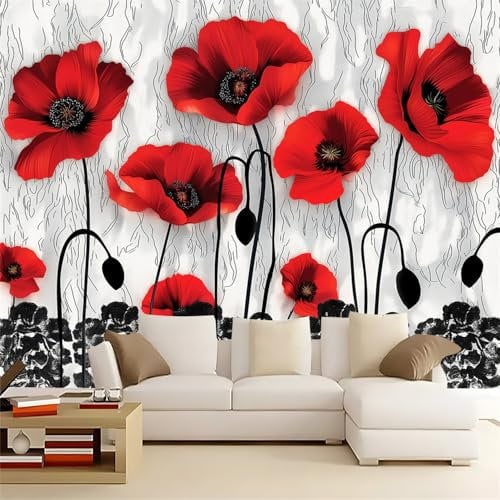 Papier Peint Intissé Fleurs Coquelicots motif, 200 x 140 cm Gris Papier Peint pour Chambre Salon TV Canapé Cusine, Papier Peint Adhésif Facile à Nettoyer