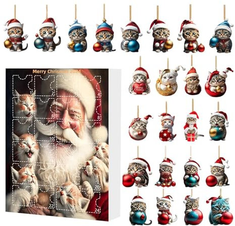 Katzen Adventskalender 2024, 24 Tage Weihnachten Sammlerstück Katze Set, Weihnachten Adventskalender mit Katzenanhänger für Weihnachtsdekoration