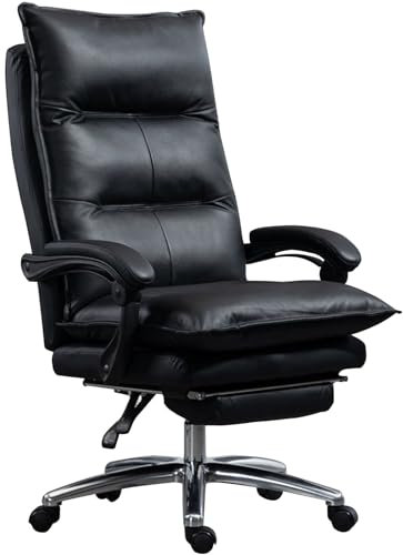 Bürostuhl, ergonomischer Chefsessel, Computerstuhl, Präsidentenstuhl aus echtem Leder, bequemer Drehstuhl mit einziehbarer Fußstütze und verstellbarer Rückenlehne, interessante Ausführung, Schwarz, Ei