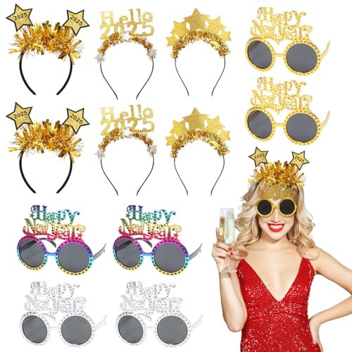 MONCAP 12 STK Silvester Haarreif Set 2025 Happy New Year Haarreif mit Partybrillen Silvester Kopfschmuck Neujahr Brille 2025 Silvester Foto Requisiten für Erwachsene Kinder Silvesterparty Neujahrdeko