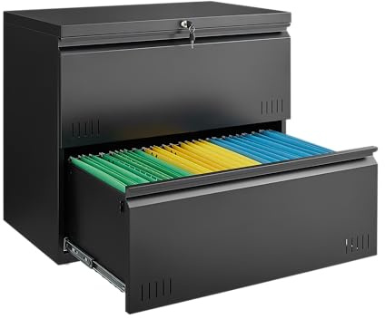 Guizeeopo Metal File Cabinet with Lock, 2 Drawer Lateral File Cabinets for Home Office, Printer Stand, Heavy Duty Office Storage Cabinet for A4/Letter/Legal Size, Assembly Required(Black)