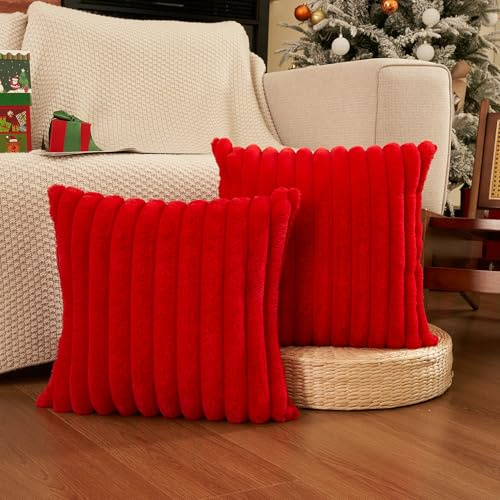 ORANIFUL Rot 50x50 Fell Kissenbezüge Weihnachten Set 2-teilig Kuschelkissen Flauschig Kissenhülle Streifen Design Kissen Hülle für Sofa Couch Bett Weicher Fake Fur Bezug Moderne Dekokissen