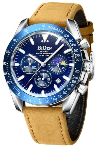 LN LENQIN Orologio Uomo Cronografo Orologio Analogico Multifunzionale al Quarzo per Uomo Impermeabile Luminoso Classico Elegante Moda Sportivo Affari Orologio da Polso Cinturino in Pelle (Brown Blue)