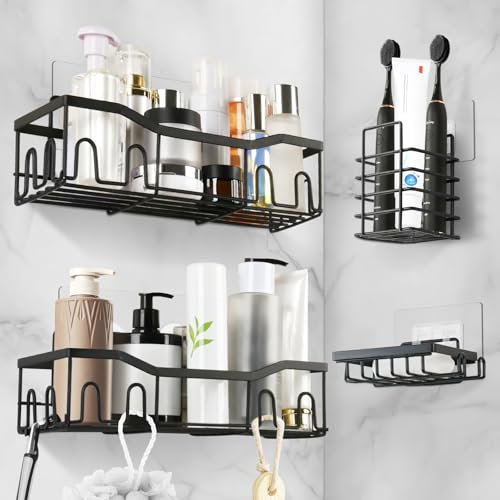 Buenotec 4 Stück Duschablage Ohne Bohren, Stark Haftendes Duschregal, Badezimmer Regal Organizer mit Seifenhalter Und 8 Haken, Badregal Duschkorb für Bad Küche Toilette, Shampoo Halterung für Dusche