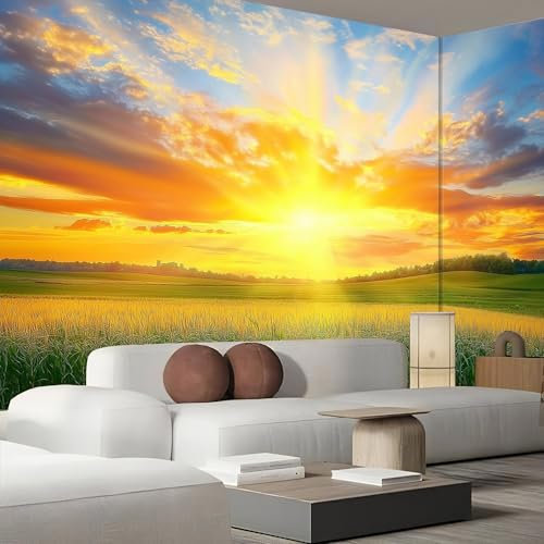 Wiese Wandbild Tapete Natur Sonnenuntergang Tapeten 150×105 cm Foto Tapete Schlafzimmer Wohnzimmer,Moderne Bildtapete fototapete 3d Effekt Wandtapete