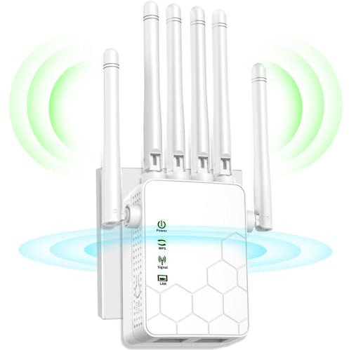 Répéteur WiFi, amplificateur WiFi, répéteur WiFi Longue portée, Couverture de la Maison jusqu'à (11,800 sq. ft.), répéteur WiFi Facile à configurer avec 2 Port Ethernet et Mode AP