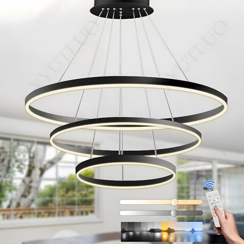 YYUTLUO Moderner DIY-Kreis-LED-Kronleuchter, 3 Schwarz Ring, ∅60+80+100=108W, H200cm Höhe Verstellbar, Metall+Acryl, Dimmbare Fernbedienung, Runde Hängelampe, Wohnzimmer Schlafzimmer Restaurant Büro